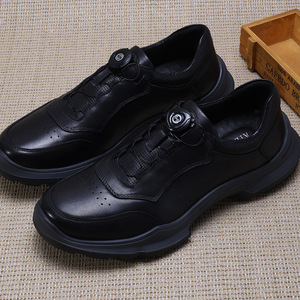 Chaussures de marche en cuir pour hommes à bout rond, couleur unie, doublure en maille de cuir de vachette, semelle en caoutchouc légère, design à boucle, pour usage décontracté - Product Image 1