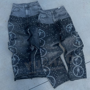 Quần Jean Nam Denim Xước Phong Cách Vintage, Cạp Cao Đôi, Ống Suông, In Họa Tiết Đá, Đính Đá Pha Lê - Product Image 1