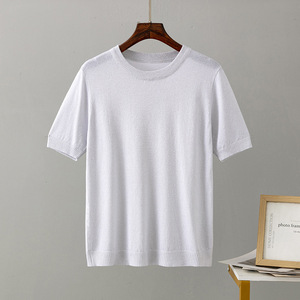 เสื้อยืดถักสั่งทำจากโรงงาน เสื้อถักแขนสั้นคอกลมสำหรับผู้หญิง คุณภาพสูง เสื้อถักลำลองพื้นฐานสำหรับฤดูร้อน - Product Image 3