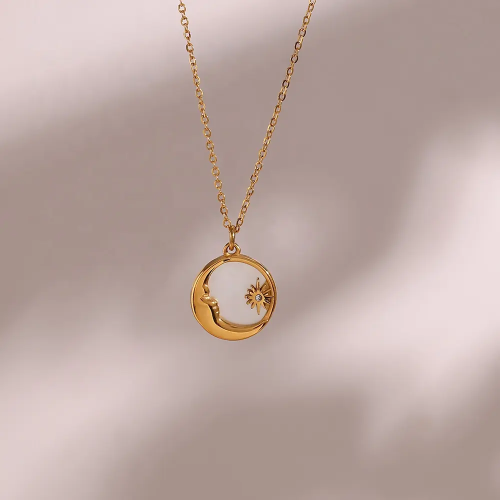 Drop Ship Natural Shell Moon Star Pendant Necklace 18K Gold Plated Stainless Steel Design Jewelry