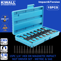 Jeu de douilles à chocs magnétiques 15 pièces, embout 1/4, matériau CRV, emballage en boîte rigide, service OEM, usage industriel