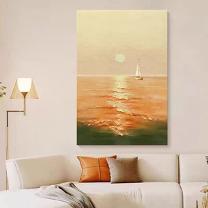 Pintura al óleo pintada a mano, cuadro rectangular impresionista con escena de velero al atardecer, arte de pared minimalista moderno para sala de estar y entrada - Product Image 2