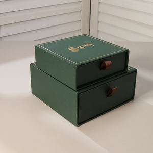 Custom Square Magnetic Snap Embossed Jewelry <b>Box</b>-Green Synthetic Leather Paper Drawer Design for <b>Empty</b> Watch Jewelry Packaging - Product Image 1