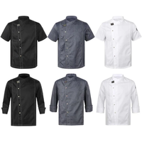 Veste de chef à manches courtes aspect denim pour homme, patte de boutonnage asymétrique, maille respirante, veste de cuisine, uniforme de travail pour hôtel et restaurant