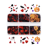 Autocollants de nail art Halloween à 6 compartiments, motifs citrouille, chauve-souris, croix, crâne, chat, mélange de paillettes et de sequins, pour décoration DIY de fête gothique scintillante