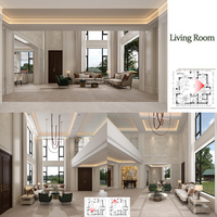 Projet de villa française moderne et luxueuse, avec comptoir en marbre intégré et meuble de chevet intégré, solution de décoration clé en main