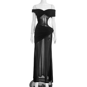 Robes de soirée pour femmes Viviblook Q25DS451, nouvelle robe maxi sans bretelles, sans manches, à épaules dénudées, en patchwork, couleur unie, coupe ajustée, sexy - Product Image 4