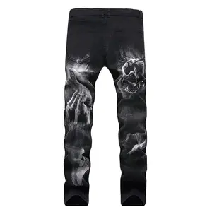 Custom Streetstyle 3d Print Skelet Graffiti Hiphop Gestapelde Jeans Skinny Fit Slim Fit Heren Jeans