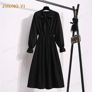 Vestido para <span class=keywords><strong>Mujer</strong></span>, <span class=keywords><strong>Otoño</strong></span> <span class=keywords><strong>Invierno</strong></span> <span class=keywords><strong>2022</strong></span>, Nuevo, Sólido, con Mangas Acampanadas, de Gasa, Cintura Alta, Cuello con Lazo, Estilo Vintage, Línea A - Product Image 4