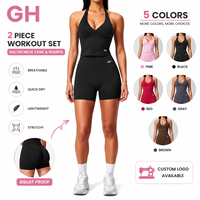 GH Ensemble de yoga et de sport d'extérieur pour femme grande taille, haute qualité, avec short à séchage rapide, col halter en V, coupe ajustée, effet push-up fessier et contrôle du ventre