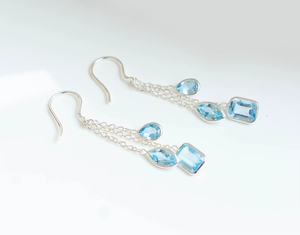 Pendientes colgantes Ocean Breeze Triple Drop con topacio azul y plata 925, estilo moderno, en venta. - Product Image 4