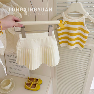 Girls Striped Knitted Vest And Pleated Skirt Set Yellow Cotton Summer Outfit For Children - Product Image 3