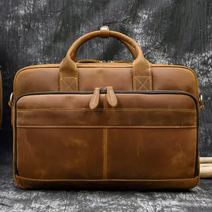 Vintage erkek bilgisayar çantası kahverengi hakiki deri fermuarlı dizüstü bilgisayar omuz çantaları iş için