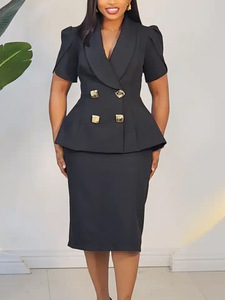 Großhandel Elegantes Einfarbiges Damen-<span class=keywords><strong>Blazer</strong></span>- und Midirock-Set mit Revers und Kurzen Ärmeln - Product Image 2