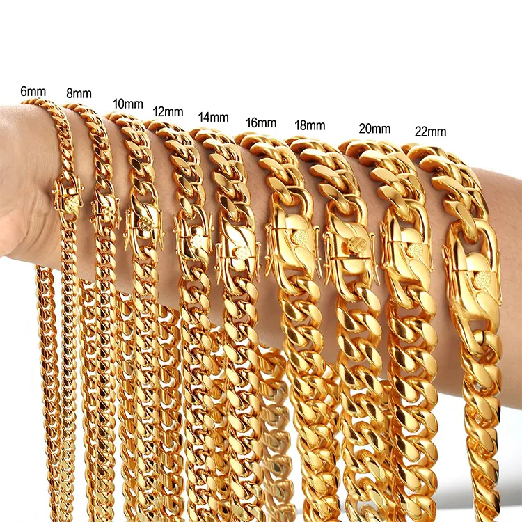 Waterproof hip hop choker jewelry women stainless steel gold filled Miami cuban link dog chain gold plated chain necklace men