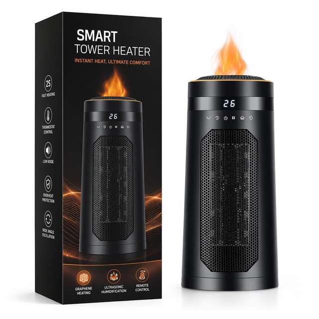 Reliable Ceramic Heater 3D Fireplace Effect Tip Protection Overheat Sensor Fast Heating Humidifying Tower Heater for Cabin