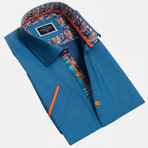 Camisa de pierna corta para hombre, camisa azul, naranja, flor, cuello - Product Image 2