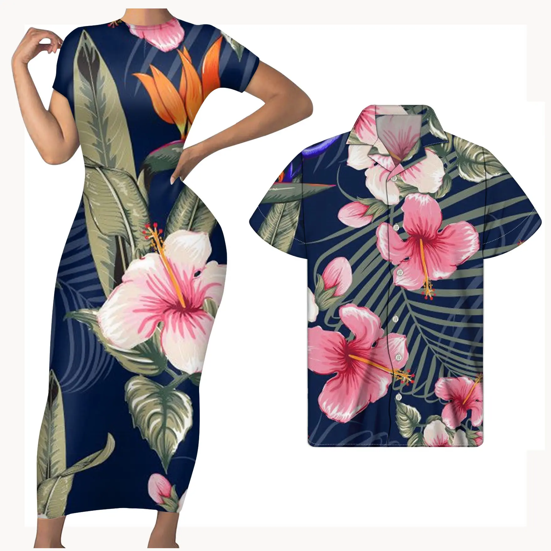 Baru Kustom Hibiscus Pola Bunga Gaun Wanita untuk Pernikahan Lengan Pendek Kasual Bodycon Kemeja Gaun Malam Pasangan Yang Sesuai S-4XL