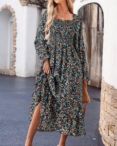 เดรสยาวแขนยาวคอเหลี่ยมลายดอกไม้สีขาว <span class=keywords><strong>แต่ง</strong></span>ระบายชายกระโปรงทรงหลวมสไตล์โบฮีเมียนลำลองสำหรับวันหยุดพักผ่อน <span class=keywords><strong>ขาย</strong></span>ดี - Product Image 2