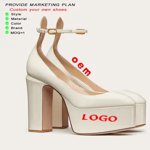 Custom logo Heels Manufacturer Ladies Square Toe Ankle Strap Shoes PU Chunky Heel Customized Luxury Women Beige Platform Pumps