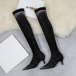 Bottes hautes jusqu'au cuisse en matière extensible, grande taille, style rétro, talon bas de 6 cm, bottes hautes au-dessus du genou pour femmes - Product Image 1