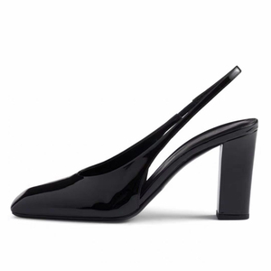 Sandalias de tacón alto y grueso para mujer, con punta cuadrada, estilo casual, con correa trasera, zapatos de oficina, de charol, con diseño recortado y slingback. - Product Image 6