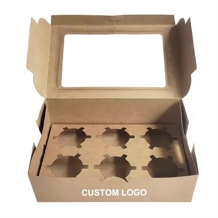 स्पष्ट पीवीसी डिस्प्ले विंडो के साथ अनुकूलित फोल्डिंग क्राफ्ट पेपर स्नैक्स बेकरी फूड पैकेजिंग बॉक्स 6 छेद वाले कपकेक बॉक्स