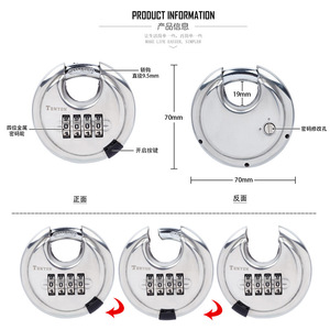 Tonyon Combination <b>Padlock</b> 70mm Round Stainless Steel 4-Digit Code Lock For Doors Windows Outdoor Use - Product Image 1