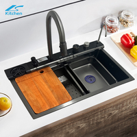 Évier de cuisine cascade à affichage LED multifonction à fente unique fait à la main chaud anti-rayures avec rondelle de tasse de robinet