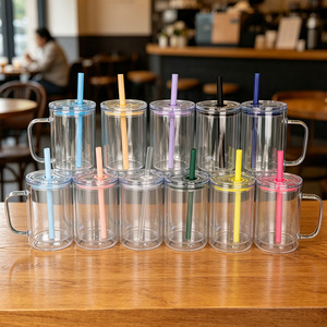 Gobelet en plastique PS double paroi avec paille et poignée, transparent, pour les fêtes - Product Image 5