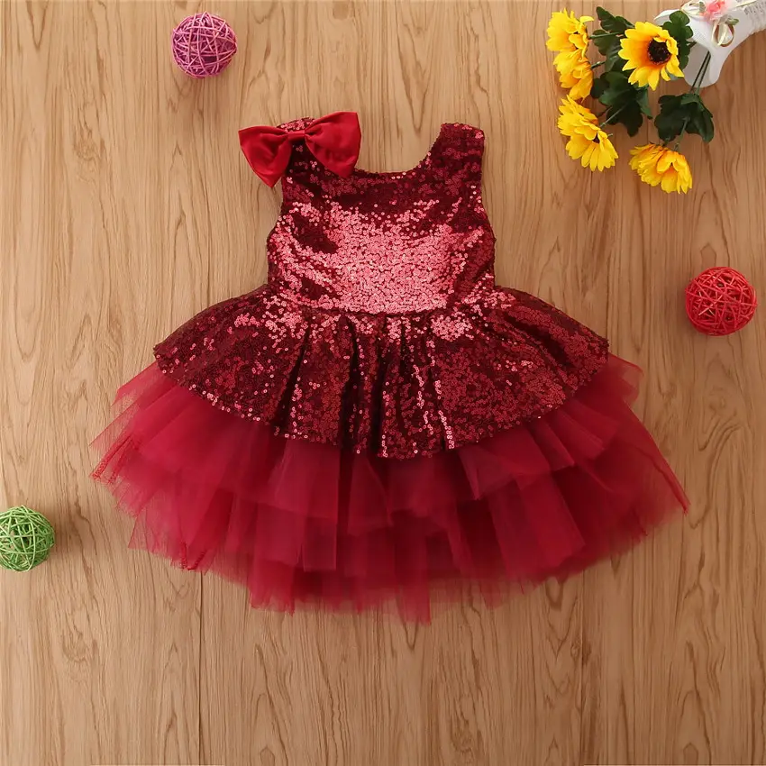 Princess Baptism Dress 2020 Toddler Baby Kid Girl Sequins Bow Princess Dress Party Wedding Sweet Formal Dress