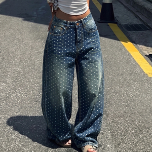 Jean droit à pois pour femme style streetwear, <span class=keywords><strong>taille</strong></span> mi-haute, coupe ample, tendance 2026 - Product Image 1