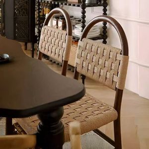 French Vintage Vivian <b>Dining</b> <b>Chair</b> Rope Woven Solid Wood Backrest Adult <b>Dining</b> Room Leisure <b>Chair</b> - Product Image 4
