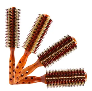 Escova de cabelo redonda de nylon, resistente ao calor, moderna, com cerda de javali, para salão de beleza, escova de cabelo redonda e de madeira