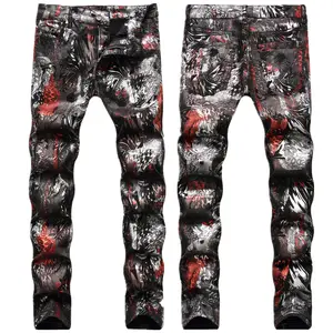 Hotsale fashion PU jeans men's personalized leopard pattern painted printing graffiti slim-fit long denim jeans