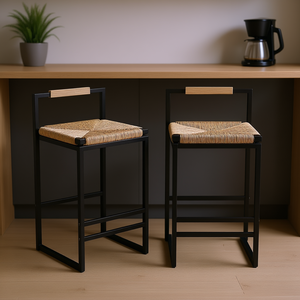 Taburetes de bar tejidos con jacinto de agua y respaldo, sillas de comedor de altura media para cocina, hogar u oficina - Product Image 2