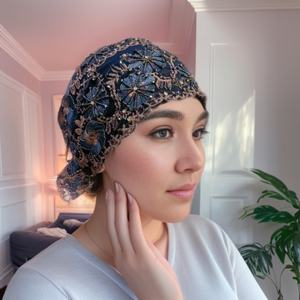 Hijab de style <span class=keywords><strong>marocain</strong></span> à perles lourdes et à queue de poisson - Coiffe en dentelle brodée à la main - Product Image 6