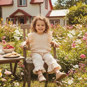 Completo Minimalista in Mussola per <span class=keywords><strong>Bambina</strong></span> 6 12 <span class=keywords><strong>18</strong></span> 24 <span class=keywords><strong>Mesi</strong></span> 2T 3T 4T, Top Estivo con Volant e Pantaloni in Lino - Product Image 1