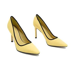 100% Real Genuine Leather High Heel Ladies Fashionable Design Yellow High Heels Shoes for Women