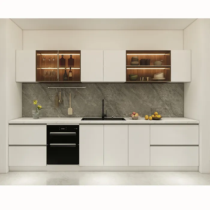 Modern white wood handleless parallel pantry light modern hanging kitchen cabinet