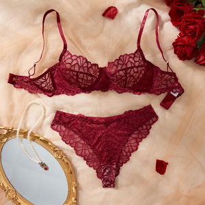 Lingerie pour femmes Ensemble soutien-gorge et culotte en acier à pompons sexy ajustés Lingerie évidée en maille de dentelle pour femmes - Product Image 1