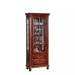 ארון יין אמריקאי רטרו מעץ מלא - מזנון תצוגה בסגנון אירופאי עם דלת זכוכית לסלון - Product Image 1