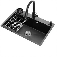 Évier de cuisine à cuve unique en acier inoxydable 304 noir |   Distributeur de savon pour robinet encastré à 3 trous avec égouttoir