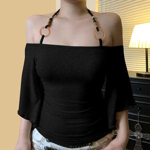 Haut élégant sans col à épaules dénudées et dos nu, manches chauve-souris - T-shirt tricoté pour femme avec détail de nœud en perles de bois, coupe décontractée - Product Image 5