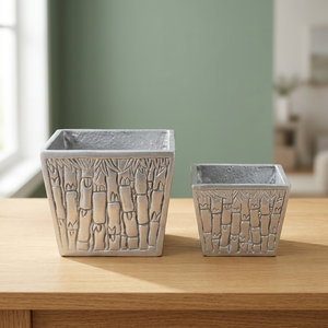 Ensemble de pots à fleurs carrés en béton sculptés à la main, motif bambou créatif, pour plantes vertes de bureau - Product Image 2