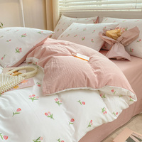 Design Floral de luxe Double couche pierre lavé imprimé Faux lin reine King Size 100% Polyester imprimé housse de couette ensemble de literie