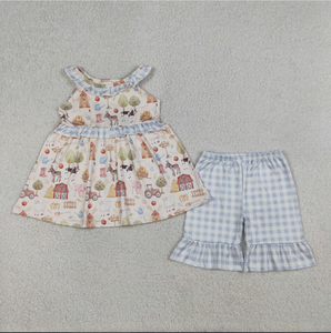Sibling Baby Girls Sleeveless Pigs Cows Tunic Ruffle Short Farm <b>Clothes</b> Set Rompers - Product Image 3