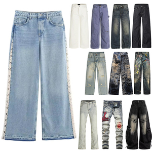 <span class=keywords><strong>Pantalones</strong></span> vaqueros de mezclilla al por mayor para mujer, estilo holgado, desgastado, lavado claro, pierna ancha, con encaje - Product Image 1