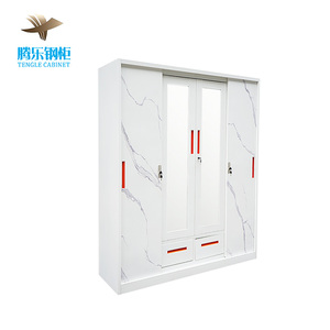 Armoire en acier moderne à 4 portes avec éclairage LED, grande armoire en acier avec 2 tiroirs et <span class=keywords><strong>porte</strong></span> en verre pour chambre à coucher - Product Image 4