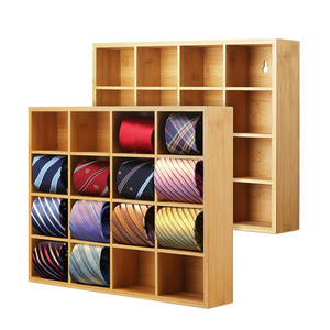 Support de ceinture mural en bambou à 16 compartiments, organisateur de cravates et nœuds papillon, boîte de rangement en bois pour hommes - Product Image 1